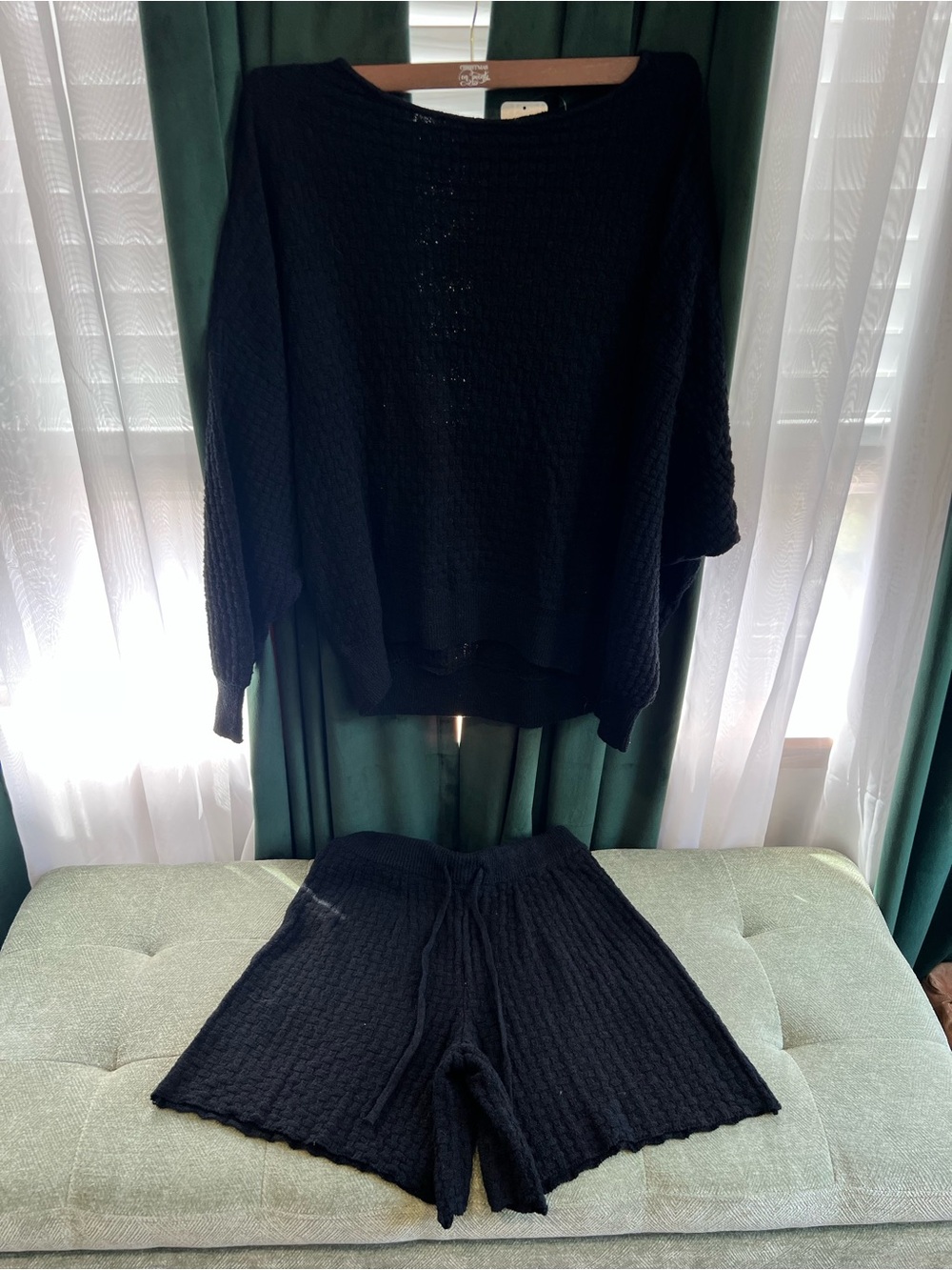 Free People Black Knit Crewneck Sweater and Shorts Set